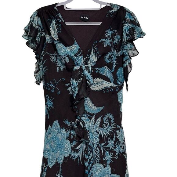 MSK Midi Dress Women's Sz 10 Brown Teal Floral Twist Front Ruffle Flutter Sleeve - Picture 3 of 16